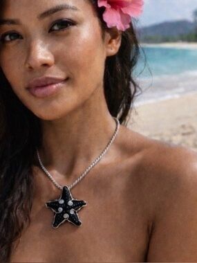 Beautiful lg black glass starfish inlayed sterling silver pendant pin brooch